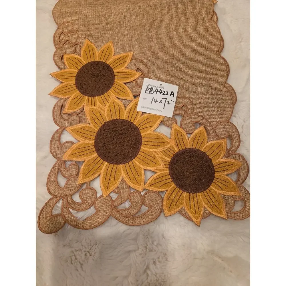Sunflower Table Runner 14x72 Faux Burlap Embroidered Cutwork EB4422A Rare Sample